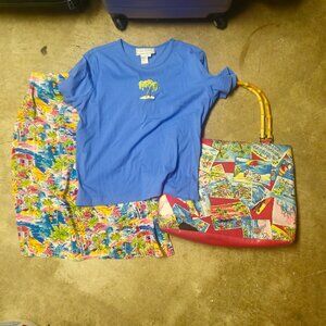 Diane Gilman Set - Silk Skirt, Cotton T Shirt and Coordinating Summer Tote